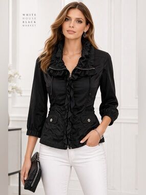 WHITE HOUSE BLACK MARKET Ruffle Zip Jacket Black Lightweight Size 0